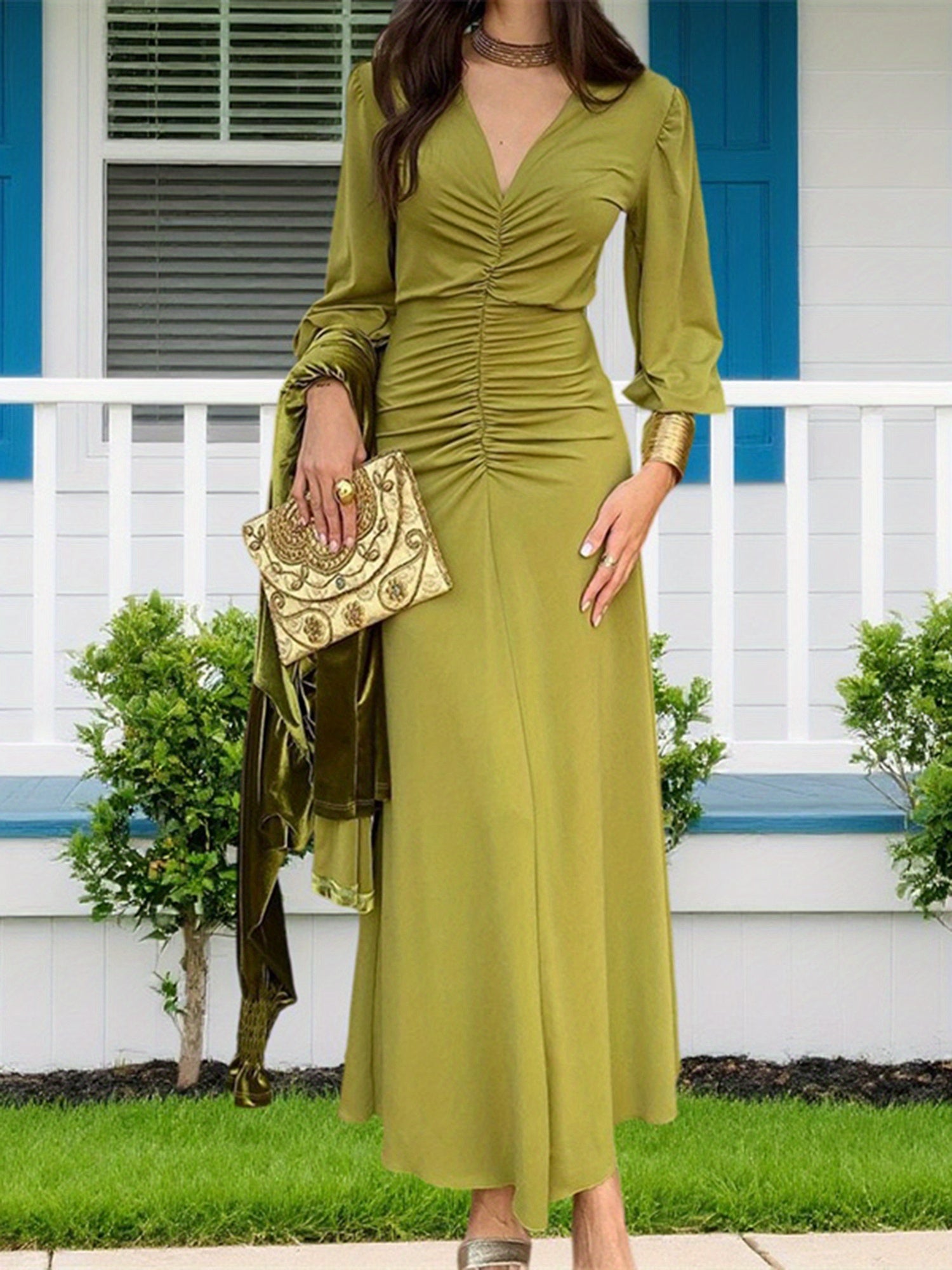 Chic V - Neck Ruched Long Sleeve Dress - Olive Green - GlowéChic V - Neck Ruched Long Sleeve Dress - Olive GreenGlowéDresses