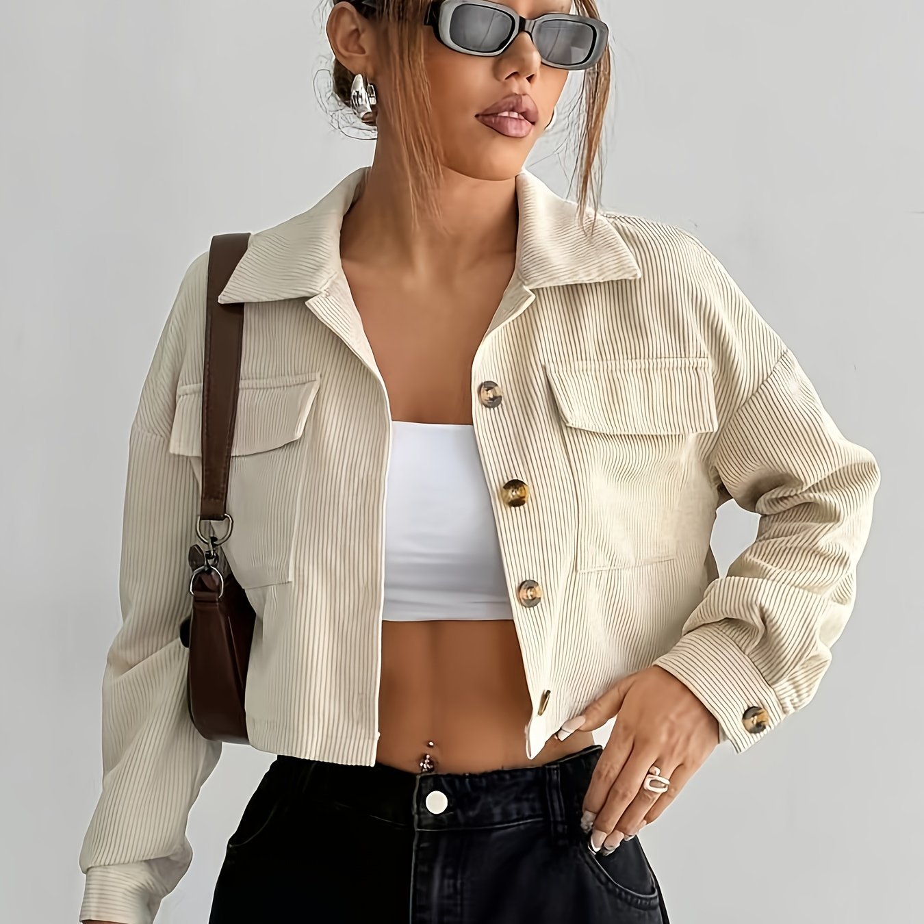 Elegant Beige Bomber Jacket with Button Details for Women - GlowéElegant Beige Bomber Jacket with Button Details for WomenGlowéCoats & Jackets