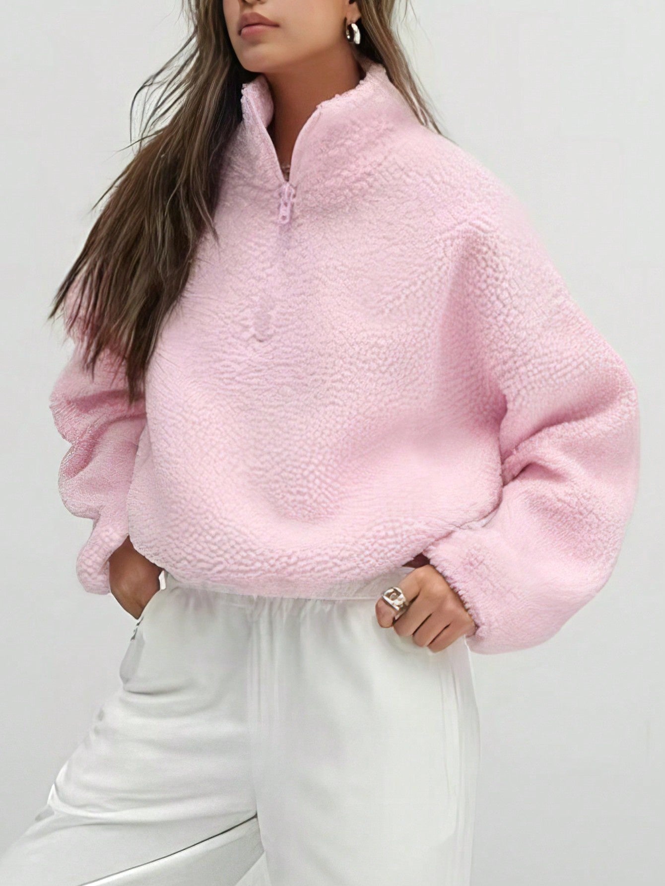 Soft Pink Oversized Knit Sweater with Full Zipper - GlowéSoft Pink Oversized Knit Sweater with Full ZipperGlowéClothing